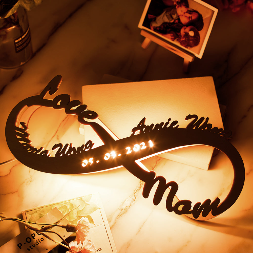 Muttertag Geschenk Benutzerdefinierte Lampe Graviertes Holz Nachtlicht Personalisiertes Name Licht Infinity Liebe Geschenk für Mama
