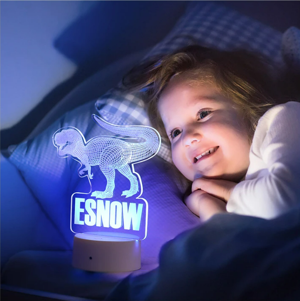 Dinosaurier-illusionslampe Mit Benutzerdefiniertem Namen, Spielzeug Für Kinder, 7 Farben, Optisches 3d-dinosaurierlicht - fotomondlampe