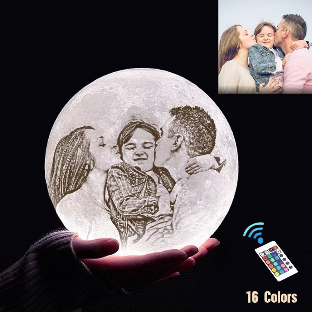 Personalisierte 3D Druck Foto&Gravierte Mondlampe - Für Familie - Fernbedienung 16 Farben(10cm-20cm)
