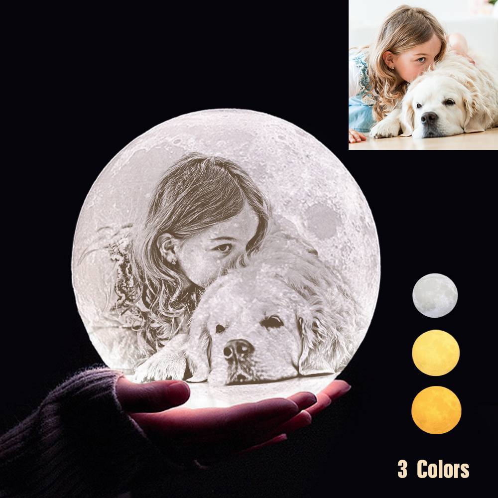 Personalisierte 3D Druck Foto&Gravierte Mondlampe - Für Haustier Liebhaber - Tippen Auf 3 Farben(10cm-20cm)
